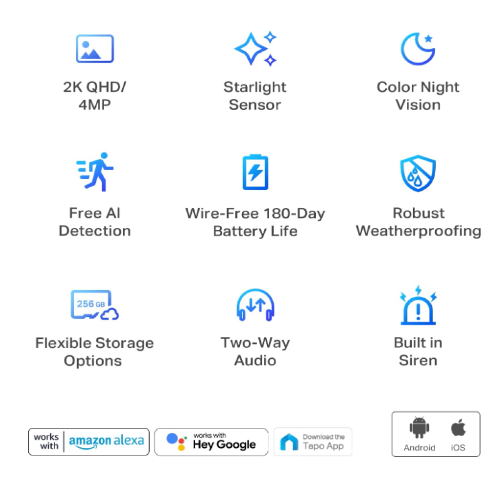 TP-Link Tapo 2K QHD Dış Mekan Kablosuz Güvenlik Kamera Sistemi, 180 Güne Kadar Pil, Renkli Gece Görüşü, Yıldız Işığı Sensörü, Hareket/Kişi/Evcil Hayvan/Araç Algılama, Alexa ve Google Home ile çalışır (Tapo C420S2)